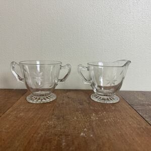 Vintage Depression Era Floral‎ Etched Clear Glass Sugar Bowl and Creamer